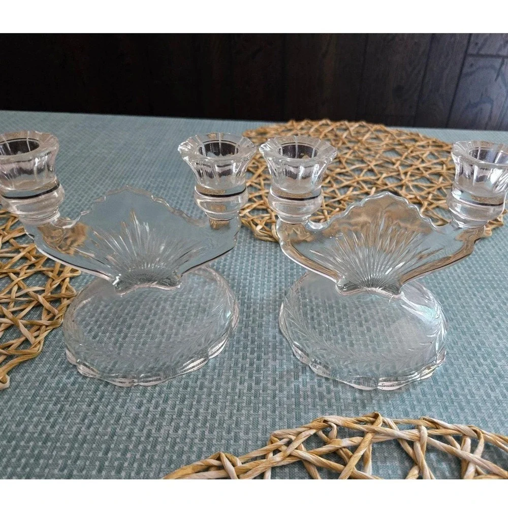 Clear Glass Double‎ Candlestick Holder Shell Design Etched Base